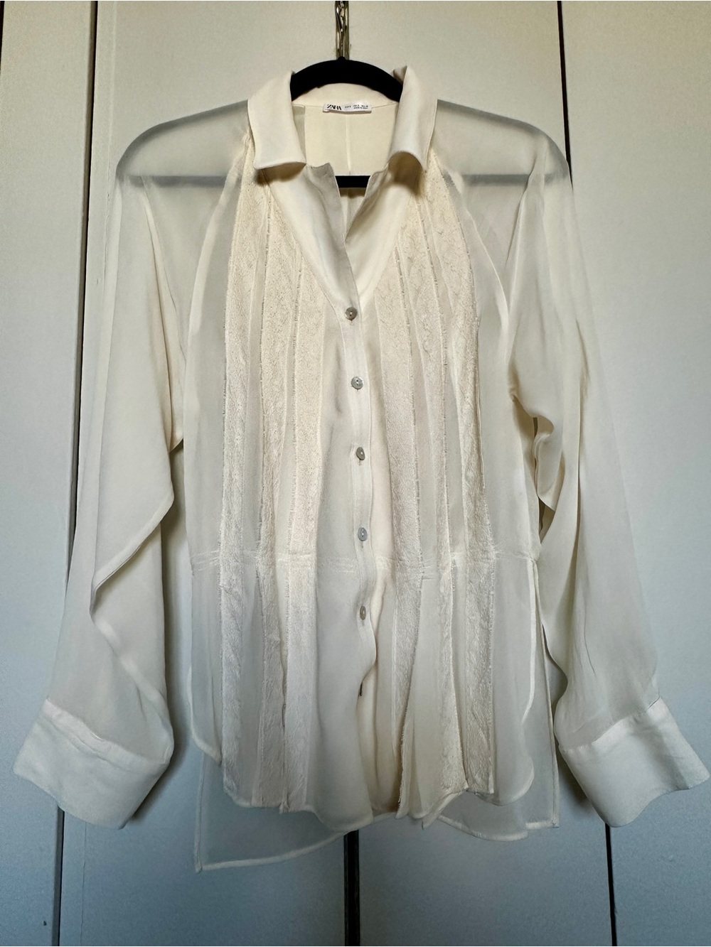 ZARA Cream Sheer Button-Front Vintage Inspired Blouse Lace Panels Coquette Fairy